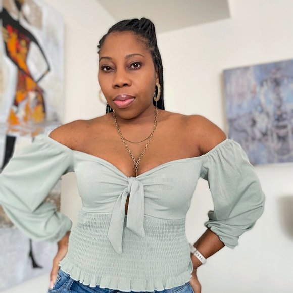 (NWT) Smocked Keyhole Off-Shoulder Top - Sage - Picture 5 of 8